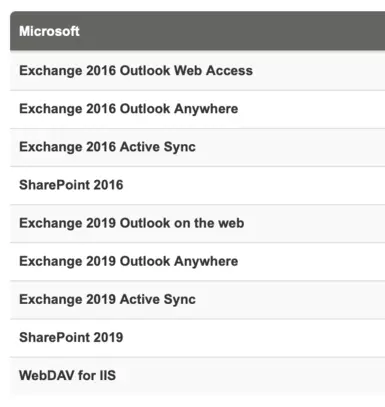 Vorlagen für Microsoft Applikationen (Screenshot Airlock Gateway)